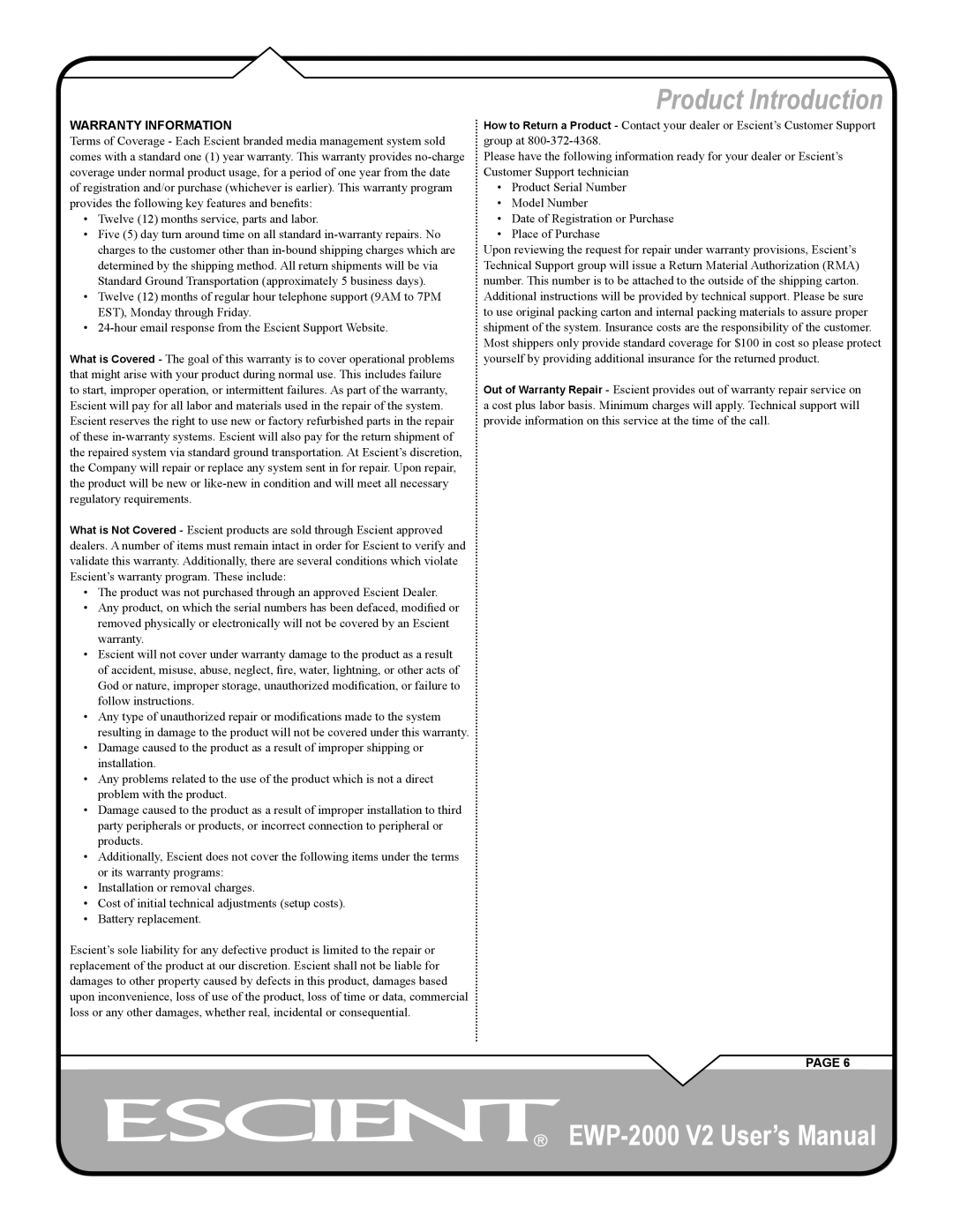 Escient EWP-2000 V2 user manual Warranty Information 