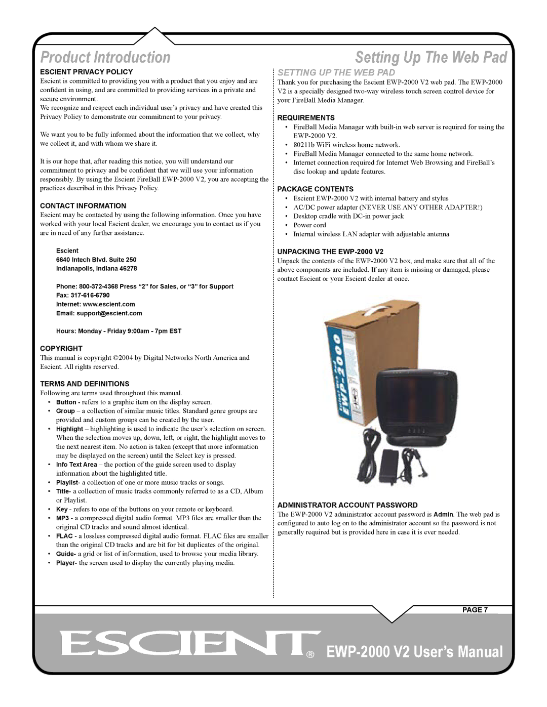 Escient EWP-2000 V2 user manual Setting Up The Web Pad, Requirements 