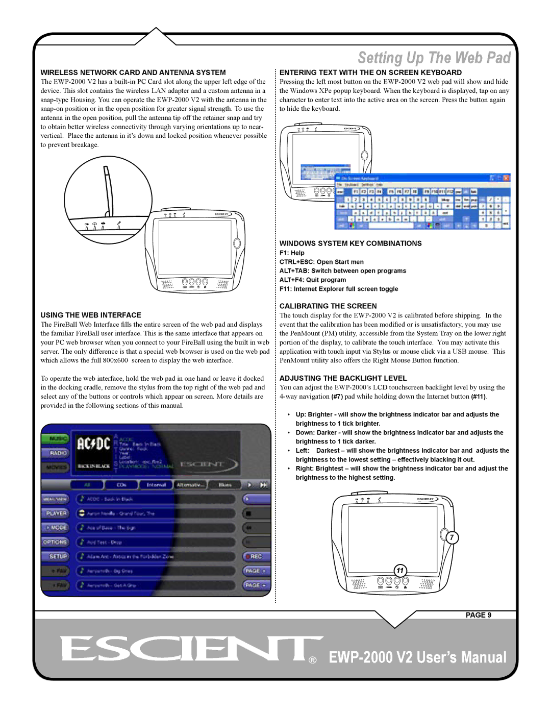 Escient EWP-2000 V2 user manual Wireless Network Card and Antenna System 