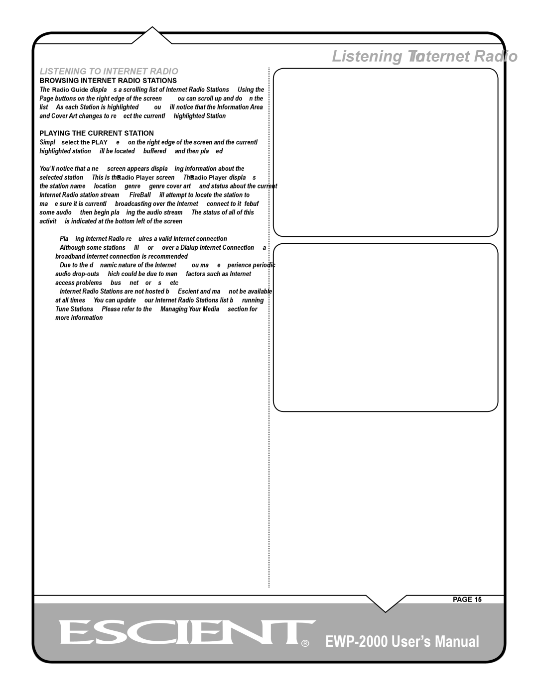 Escient EWP-2000 user manual Listening To Internet Radio, Browsing Internet Radio Stations 