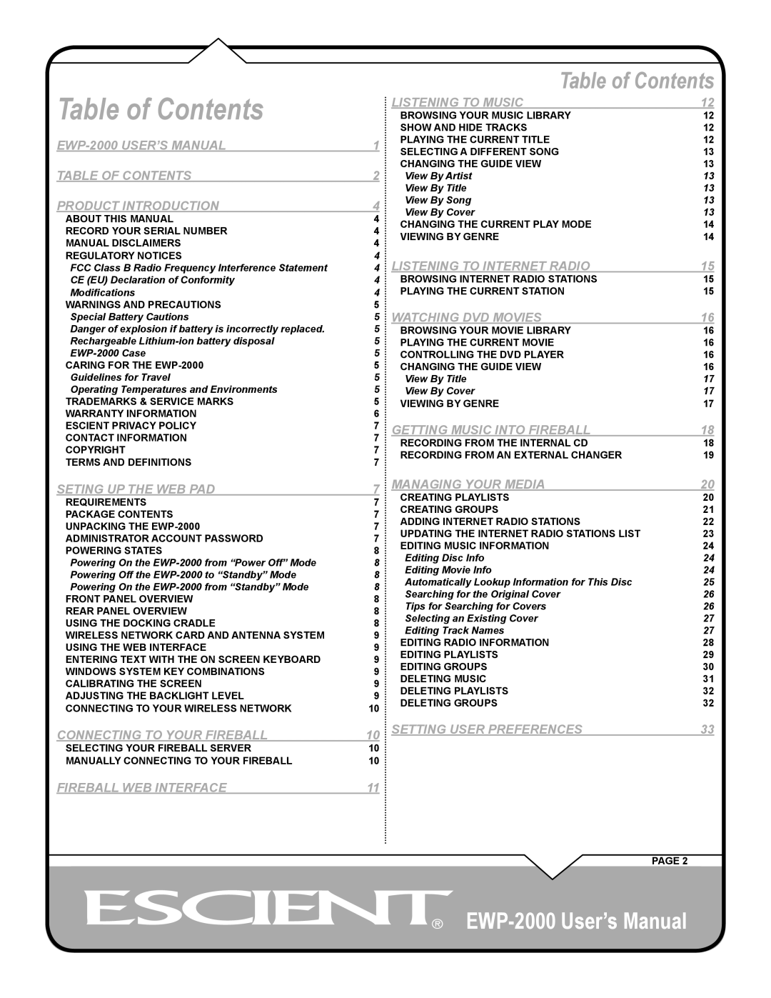 Escient EWP-2000 user manual Table of Contents 