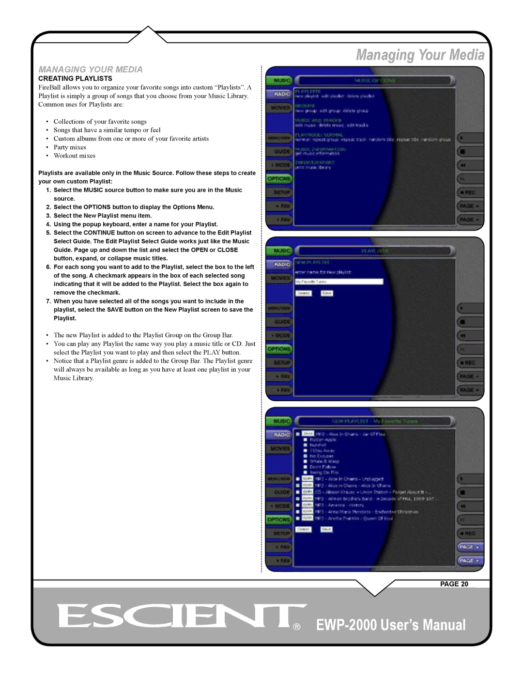 Escient EWP-2000 user manual Managing Your Media, Creating Playlists 