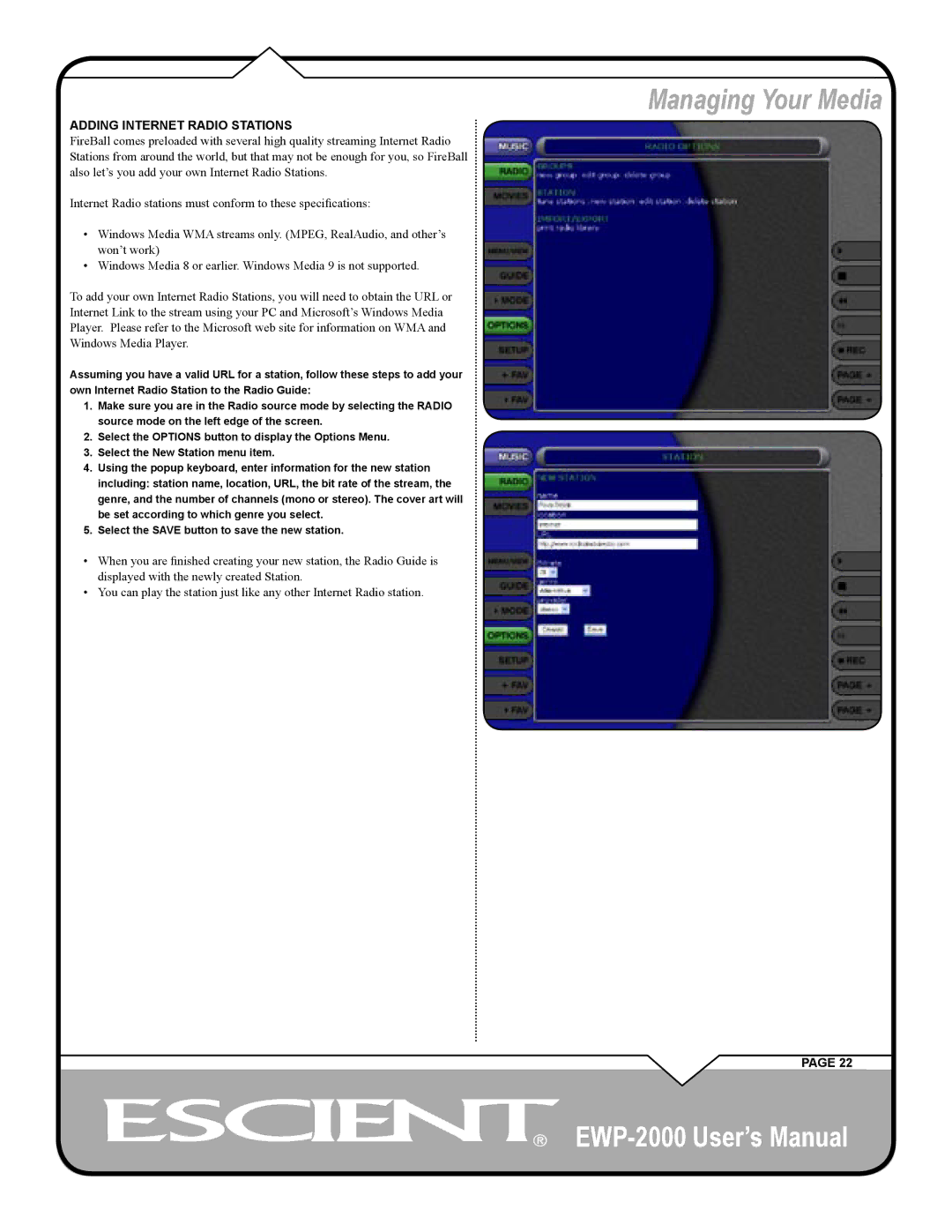 Escient EWP-2000 user manual Adding Internet Radio Stations 