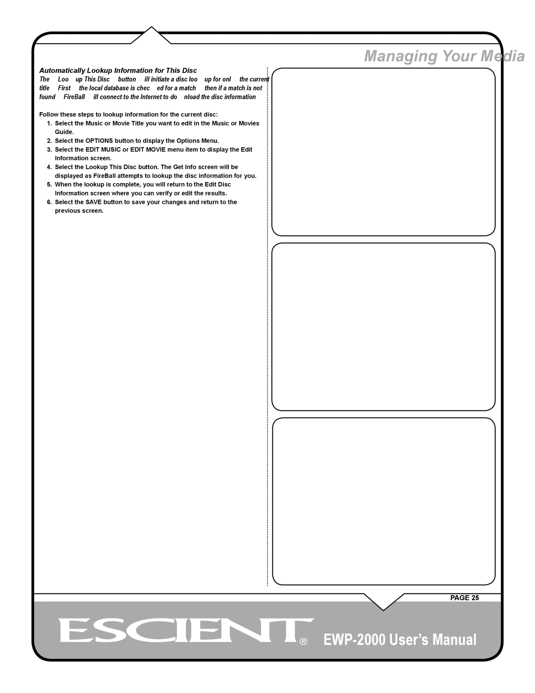 Escient EWP-2000 user manual Automatically Lookup Information for This Disc 