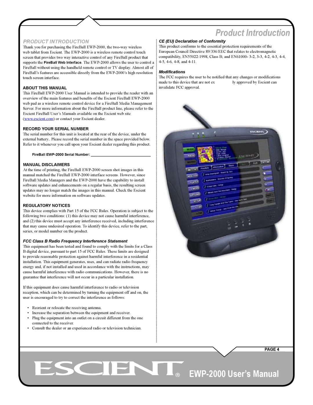 Escient EWP-2000 user manual Product Introduction, About this Manual Record Your Serial Number 