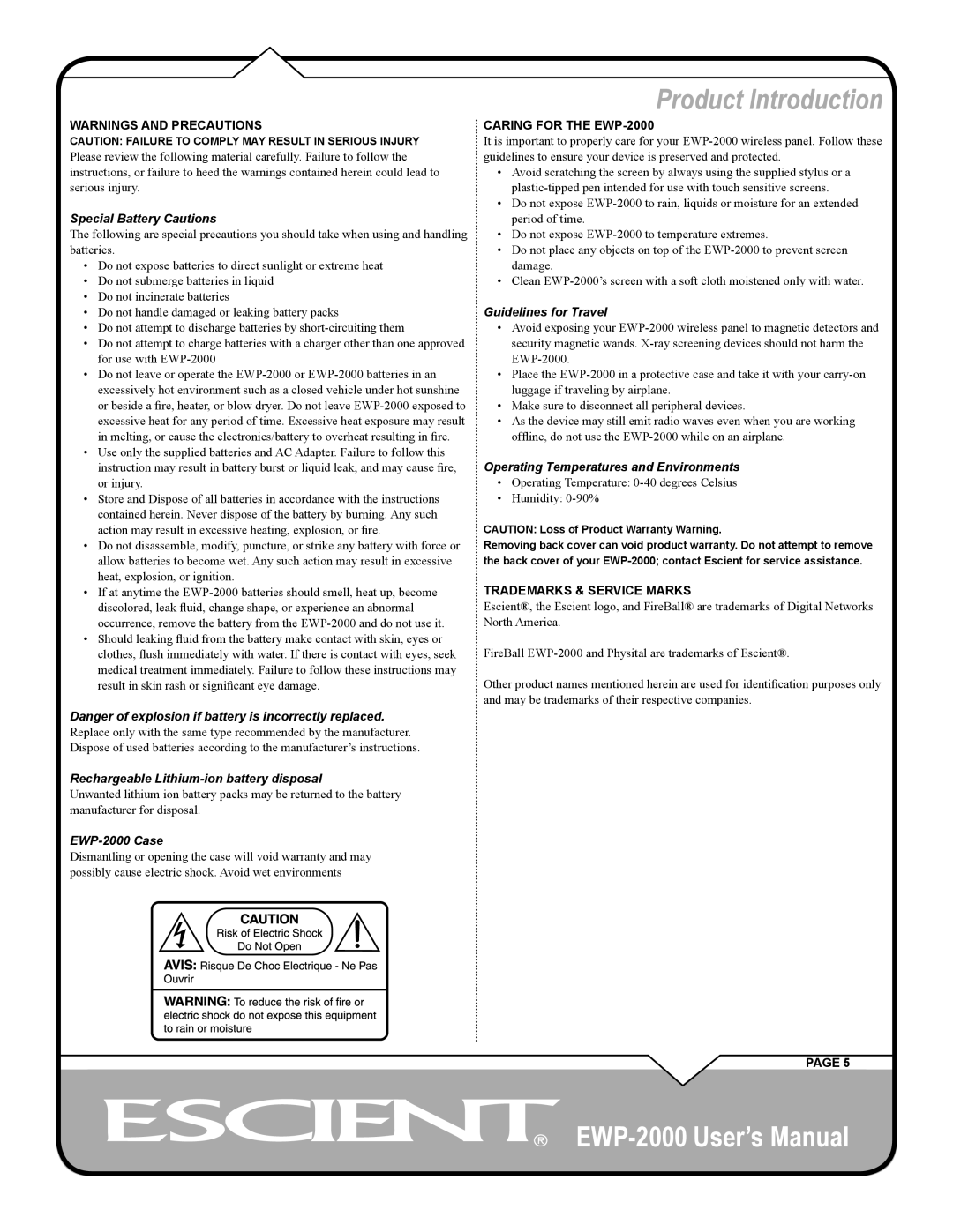 Escient EWP-2000 user manual Guidelines for Travel, Trademarks & Service Marks 