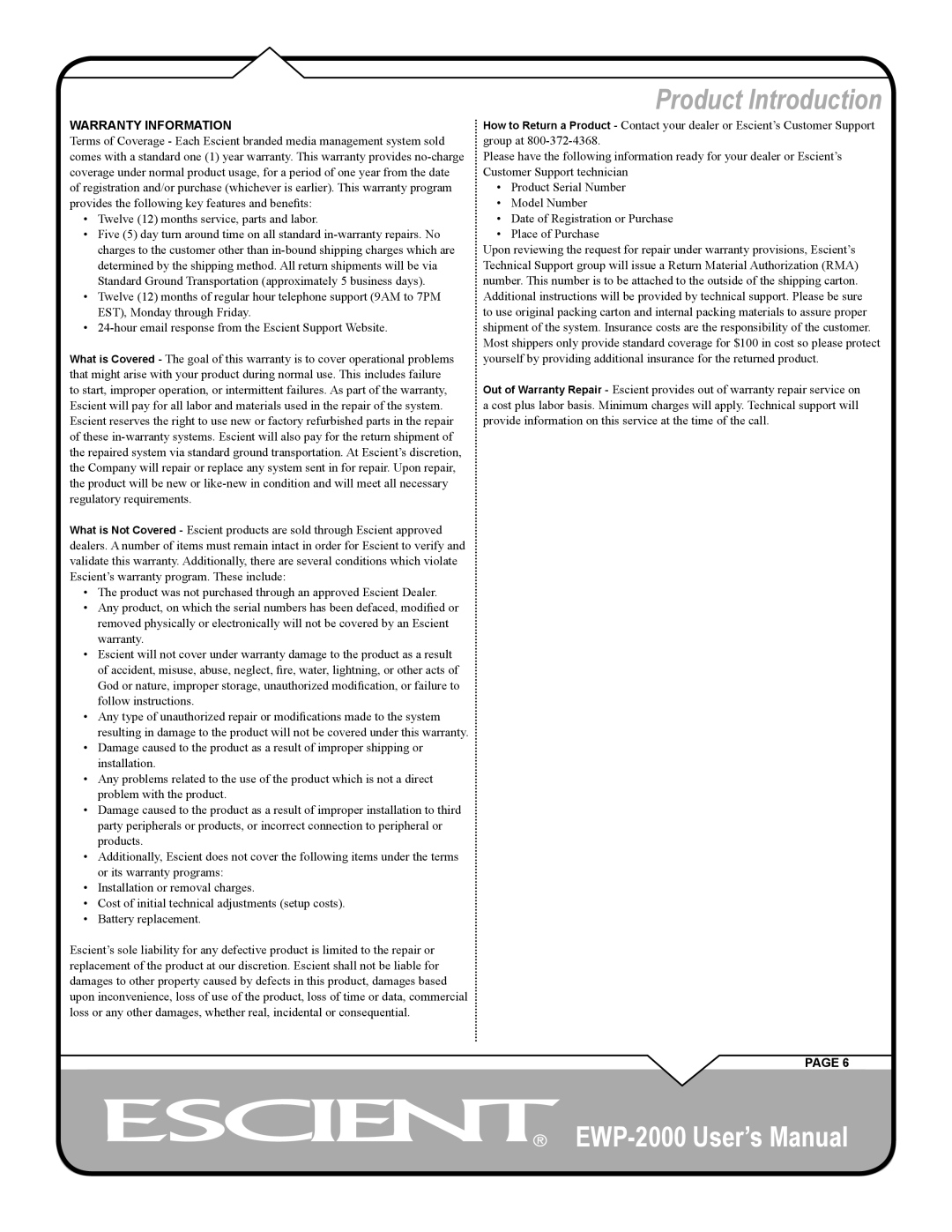 Escient EWP-2000 user manual Warranty Information 