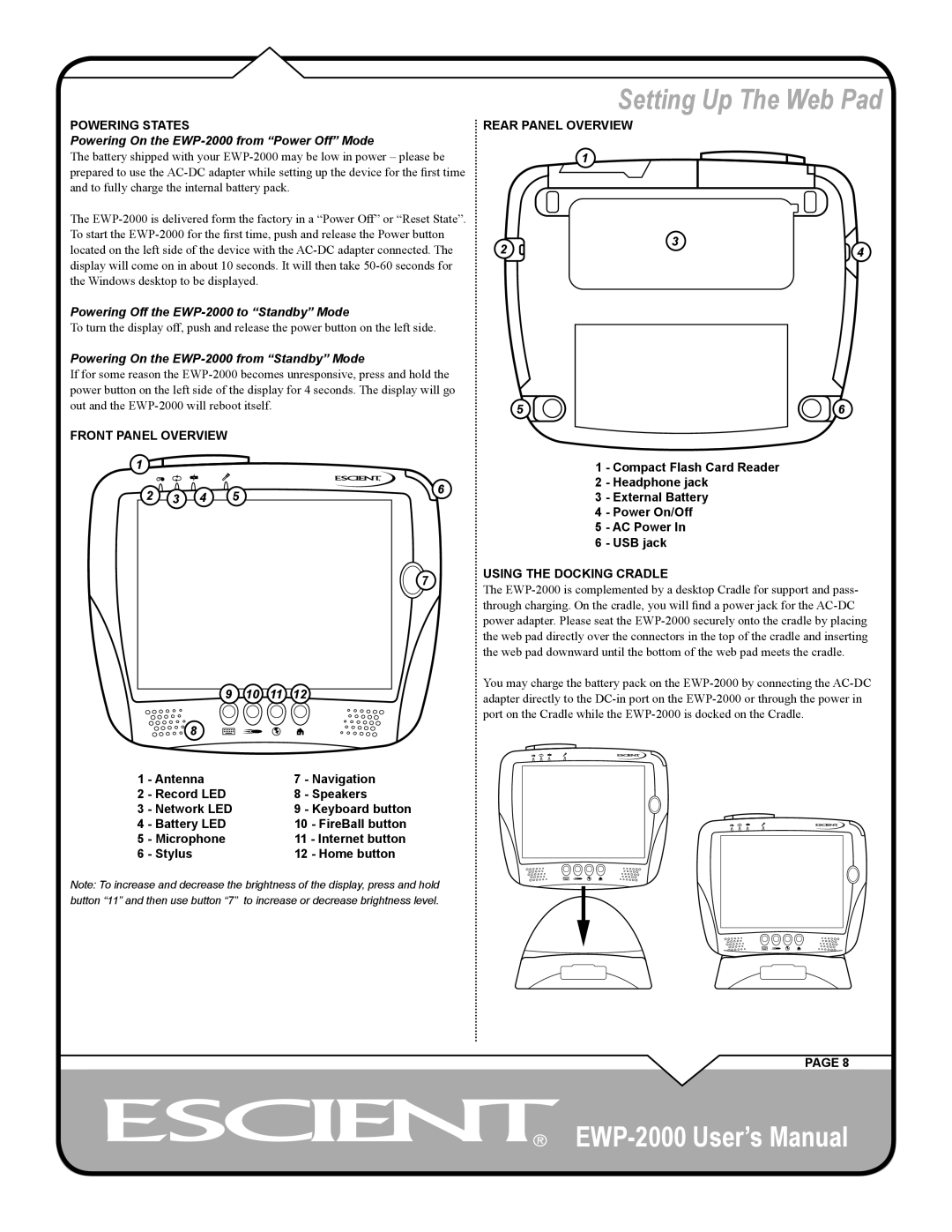 Escient user manual Powering On the EWP-2000 from Power Off Mode, Front Panel Overview, 10 11 