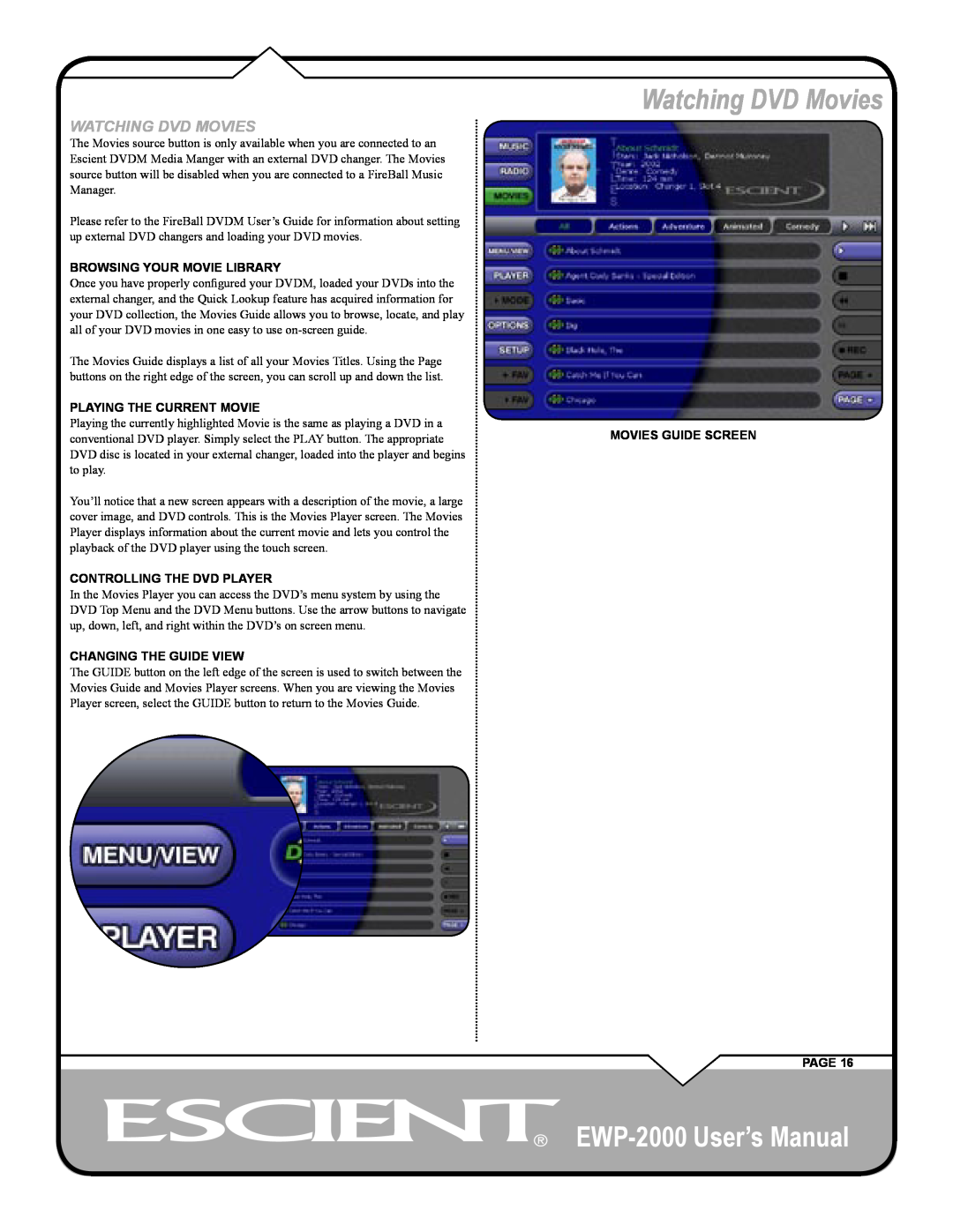 Escient user manual EWP-2000 User’s Manual, Watching DVD Movies, Browsing Your Movie Library, Playing The Current Movie 