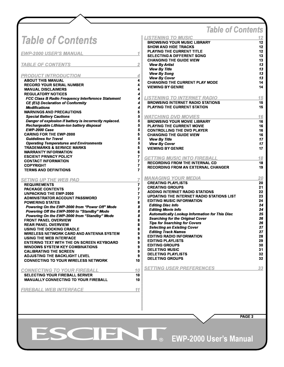 Escient user manual Table of Contents, EWP-2000 User’s Manual 