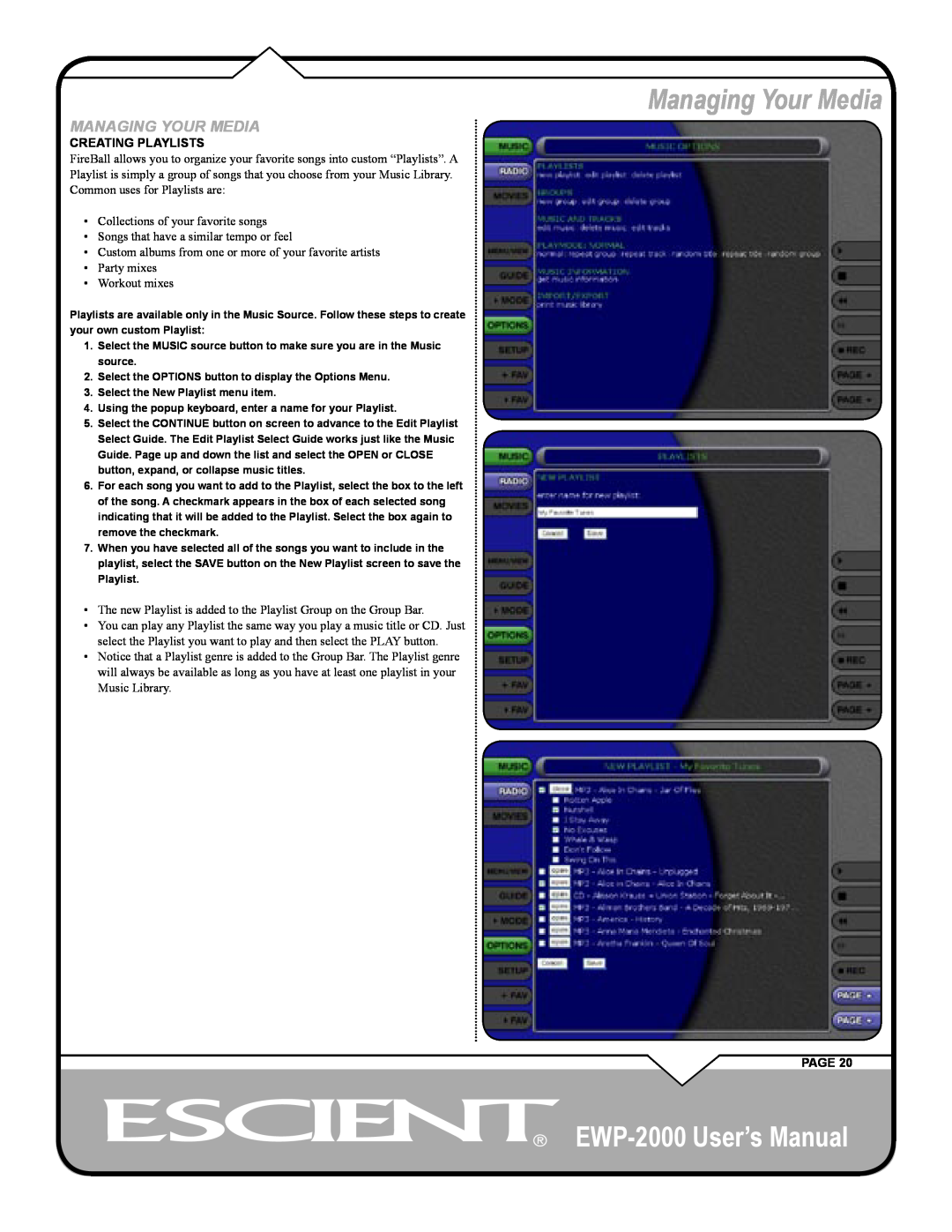 Escient user manual Managing Your Media, EWP-2000 User’s Manual, Creating Playlists, Page 