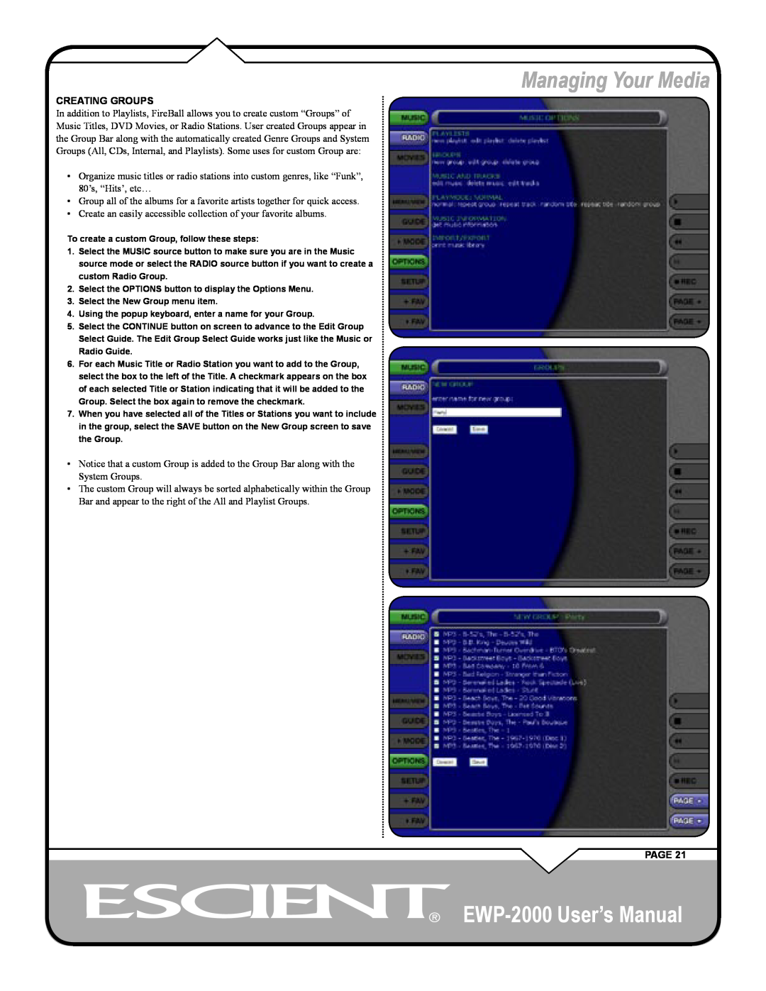 Escient user manual Managing Your Media, EWP-2000 User’s Manual, Creating Groups, Page 