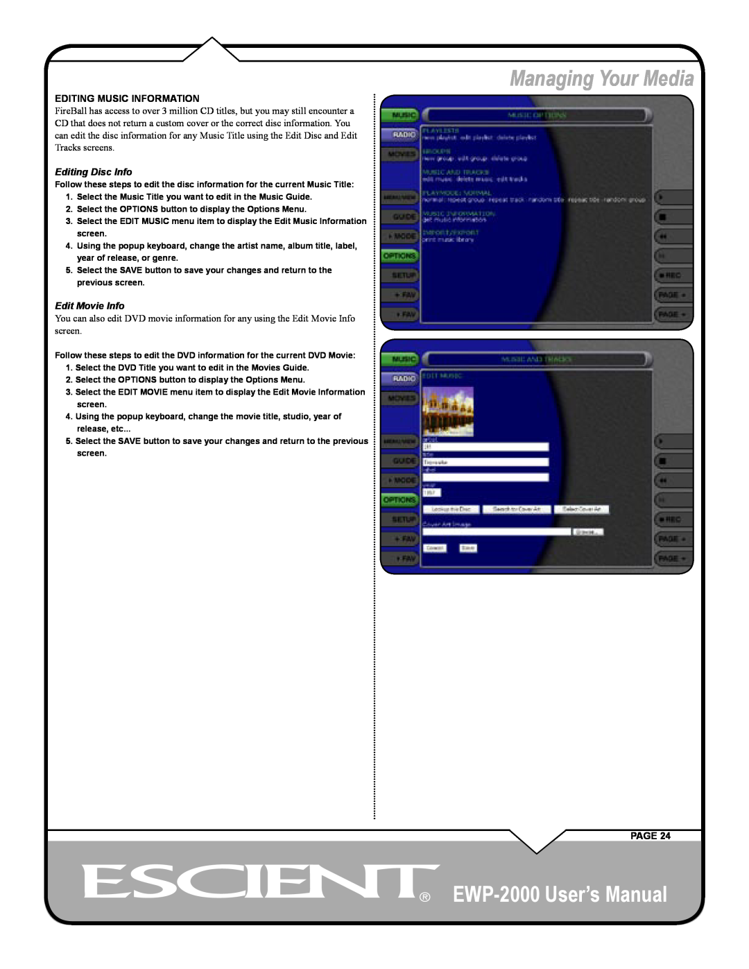 Escient user manual Managing Your Media, EWP-2000 User’s Manual, Editing Music Information, Page 