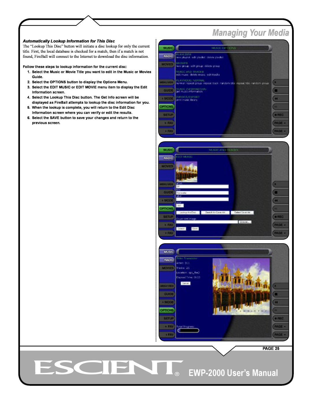 Escient user manual Managing Your Media, EWP-2000 User’s Manual, Page 