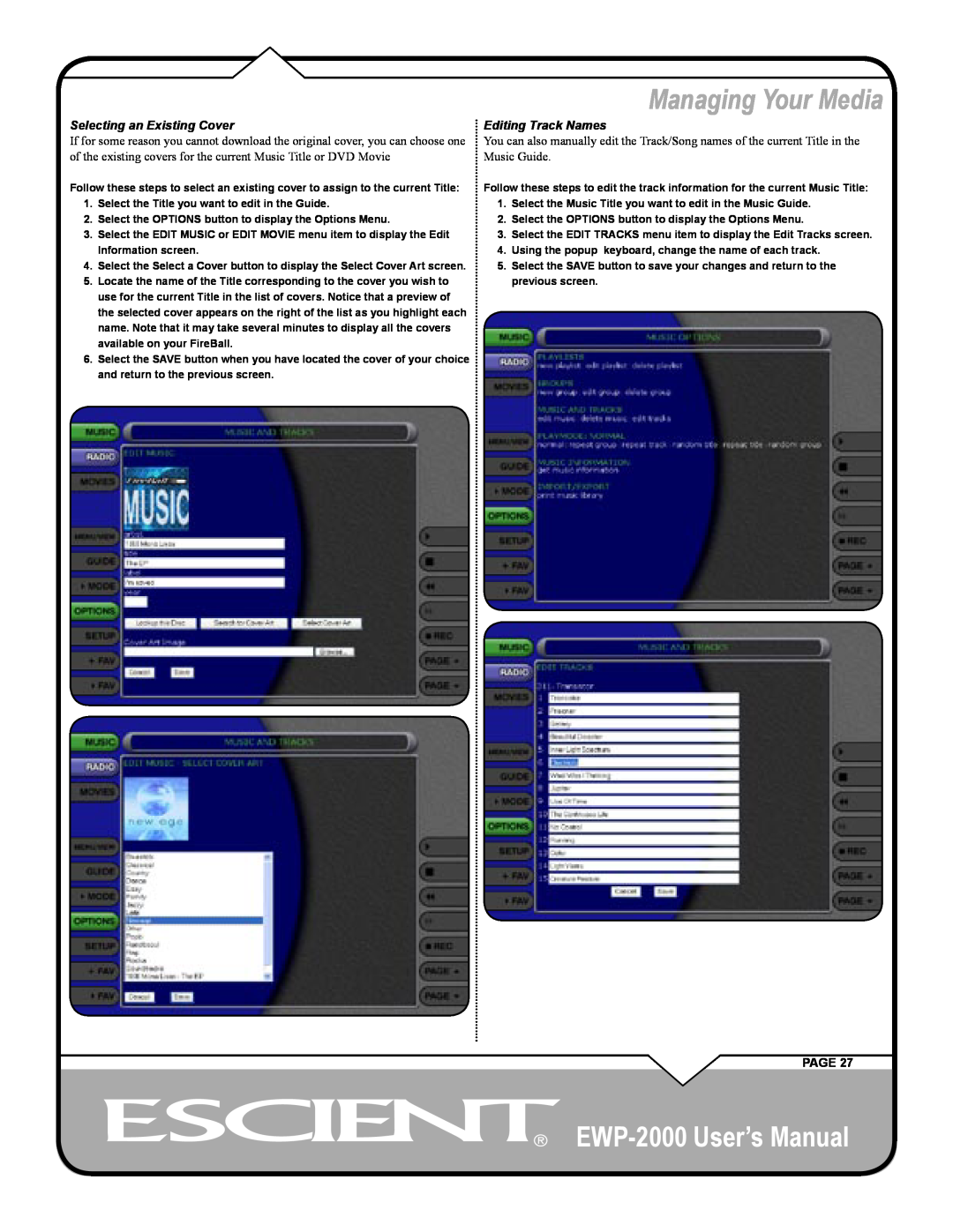 Escient user manual Managing Your Media, EWP-2000 User’s Manual, Page 