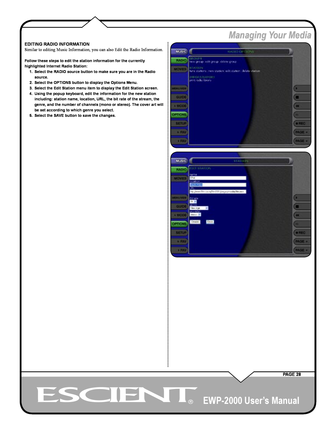 Escient user manual Managing Your Media, EWP-2000 User’s Manual, Editing Radio Information, Page 