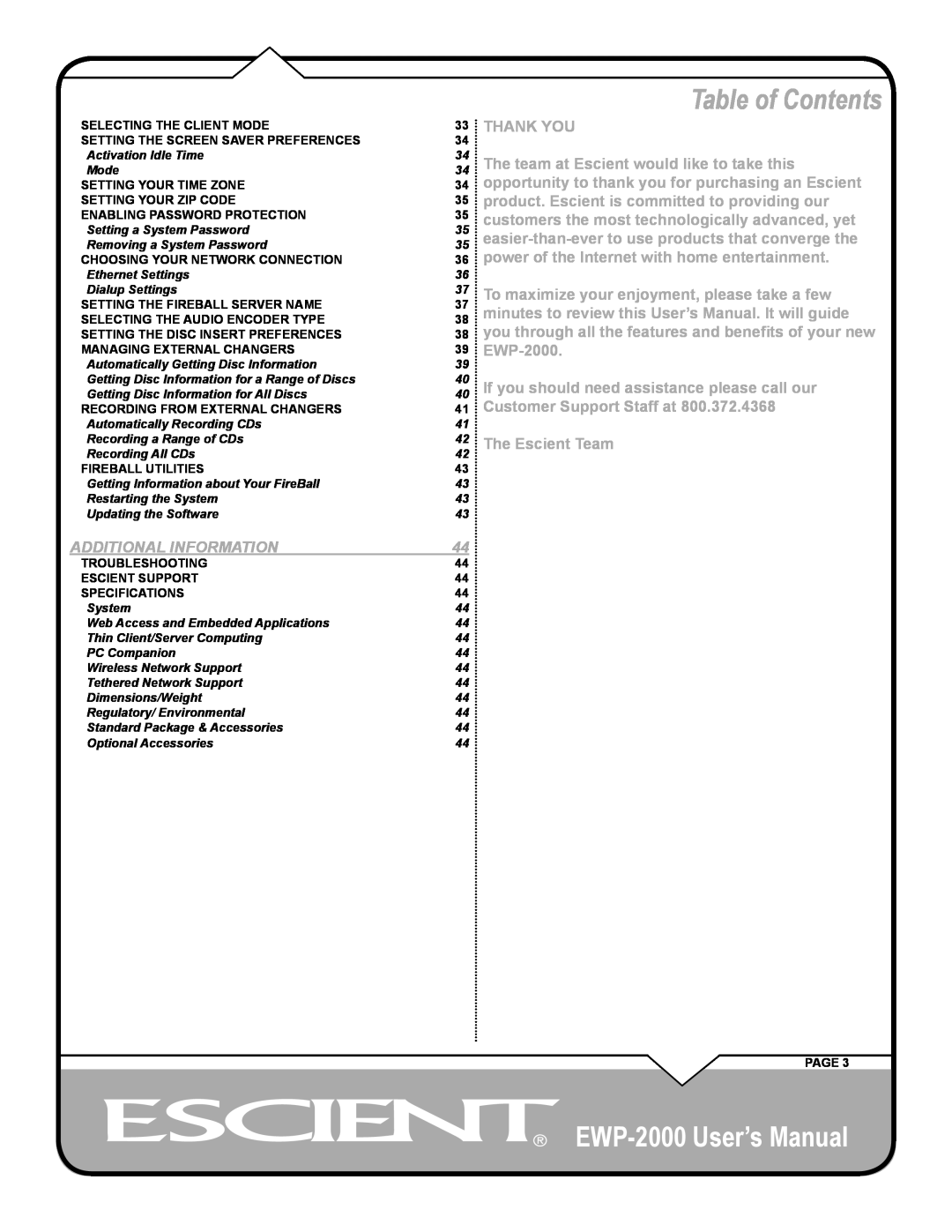 Escient user manual Table of Contents, EWP-2000 User’s Manual, Additional Information 