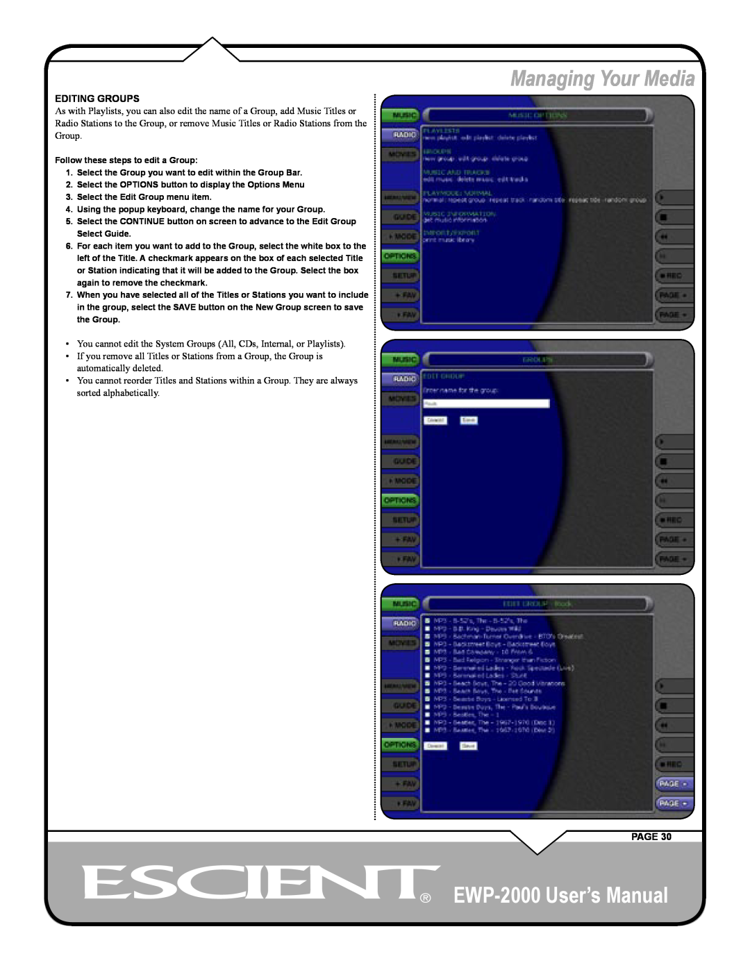 Escient user manual Managing Your Media, EWP-2000 User’s Manual, Editing Groups, Page 