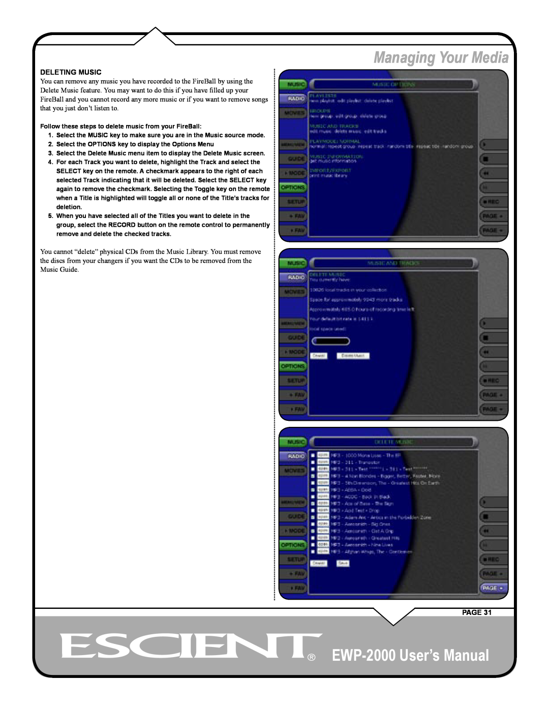 Escient user manual Managing Your Media, EWP-2000 User’s Manual, Deleting Music, Page 