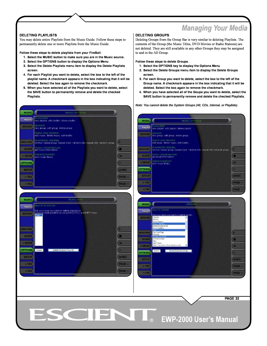 Escient user manual Managing Your Media, EWP-2000 User’s Manual, Deleting Playlists, Deleting Groups, Page 