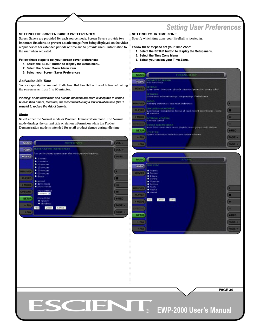Escient Setting User Preferences, EWP-2000 User’s Manual, Setting The Screen Saver Preferences, Setting Your Time Zone 