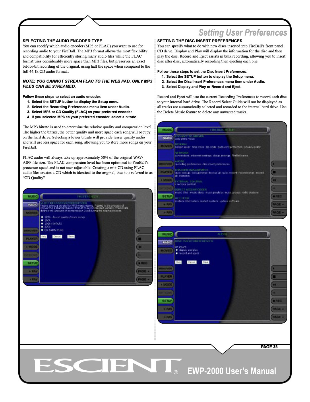 Escient user manual Setting User Preferences, EWP-2000 User’s Manual, Selecting The Audio Encoder Type, Page 