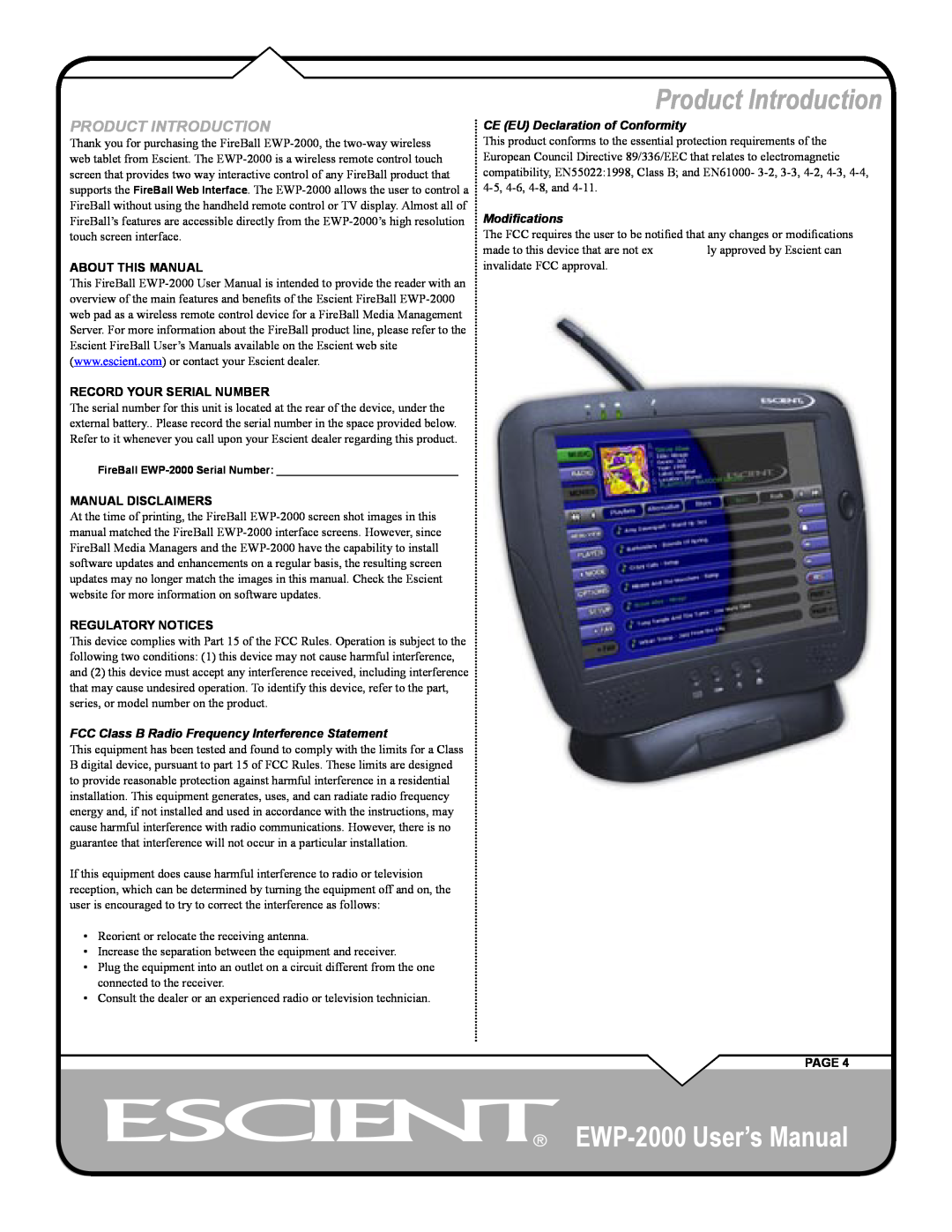 Escient Product Introduction, EWP-2000 User’s Manual, About This Manual, Record Your Serial Number, Manual Disclaimers 