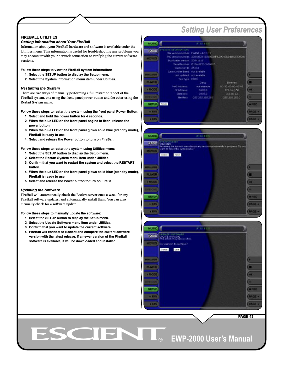 Escient user manual Setting User Preferences, EWP-2000 User’s Manual, Fireball Utilities, Page 