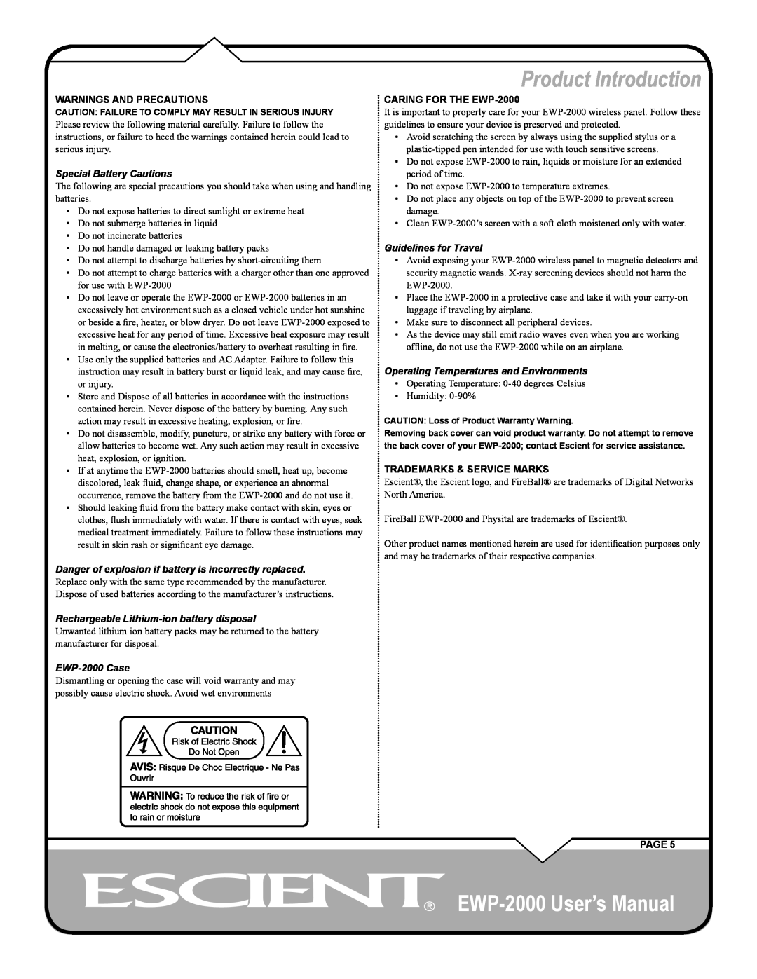 Escient Product Introduction, EWP-2000 User’s Manual, Warnings And Precautions, CARING FOR THE EWP-2000, Page 