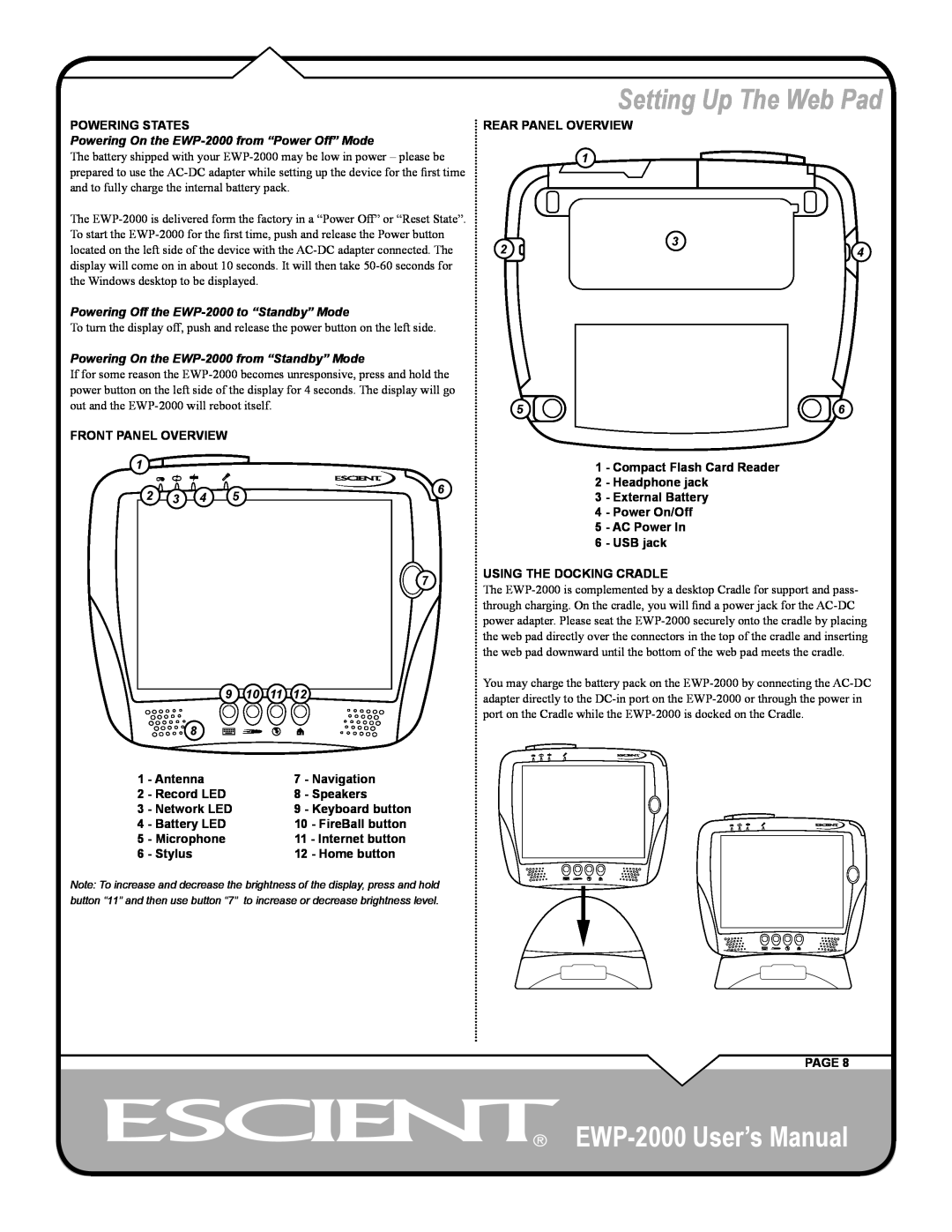 Escient Setting Up The Web Pad, EWP-2000 User’s Manual, Powering States, Front Panel Overview, Rear Panel Overview 