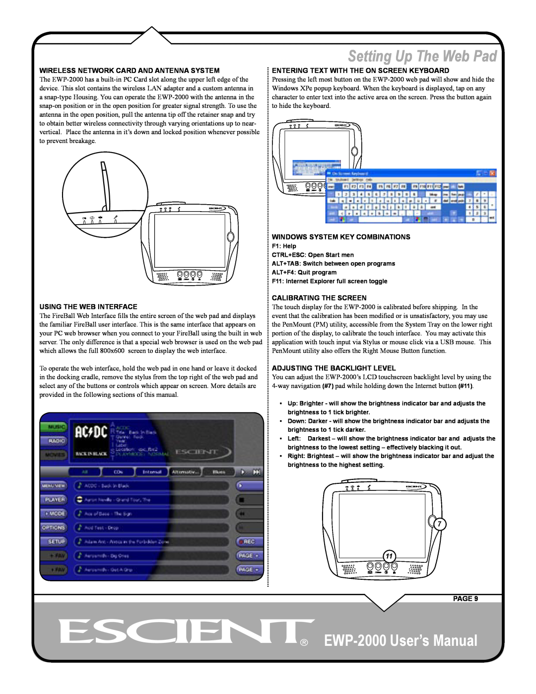Escient user manual Setting Up The Web Pad, EWP-2000 User’s Manual, Wireless Network Card And Antenna System, Page 