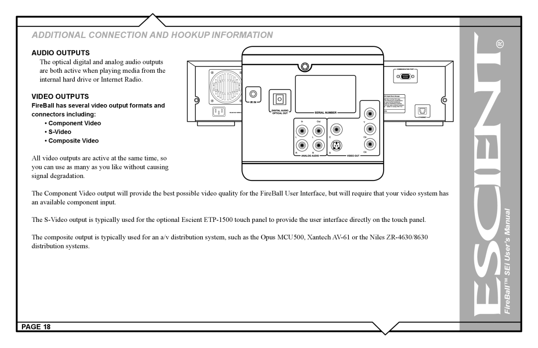 Escient FireBall Media Management system user manual Audio Outputs, Video Outputs 