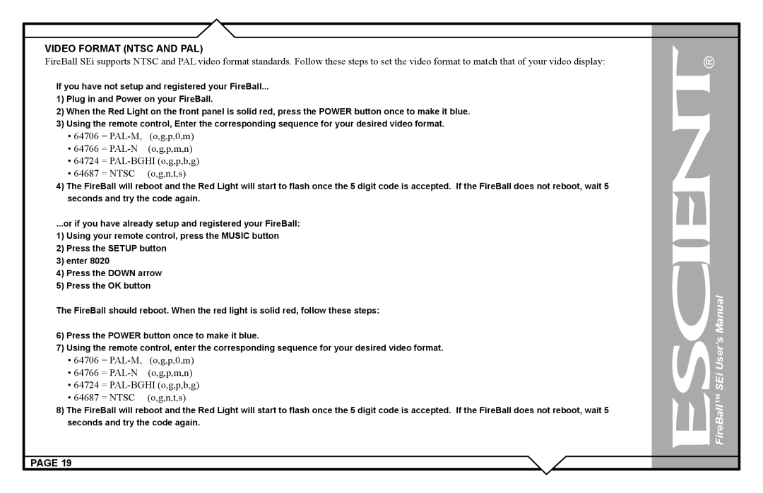 Escient FireBall Media Management system user manual = Ntsc 