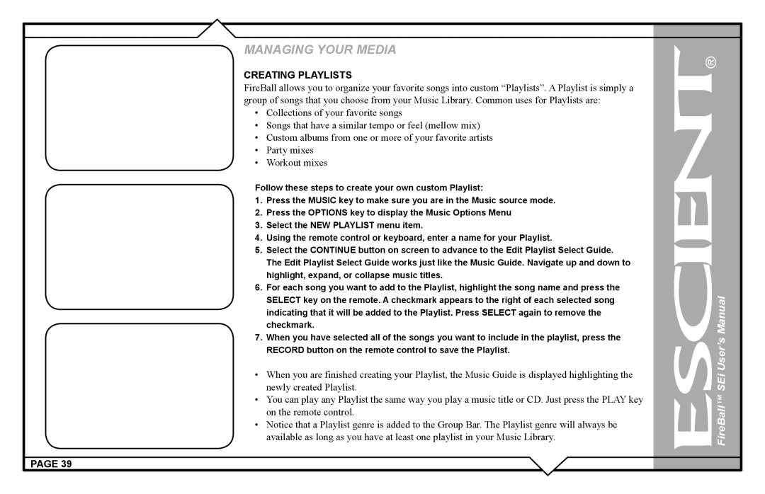 Escient FireBall Media Management system user manual Creating Playlists 