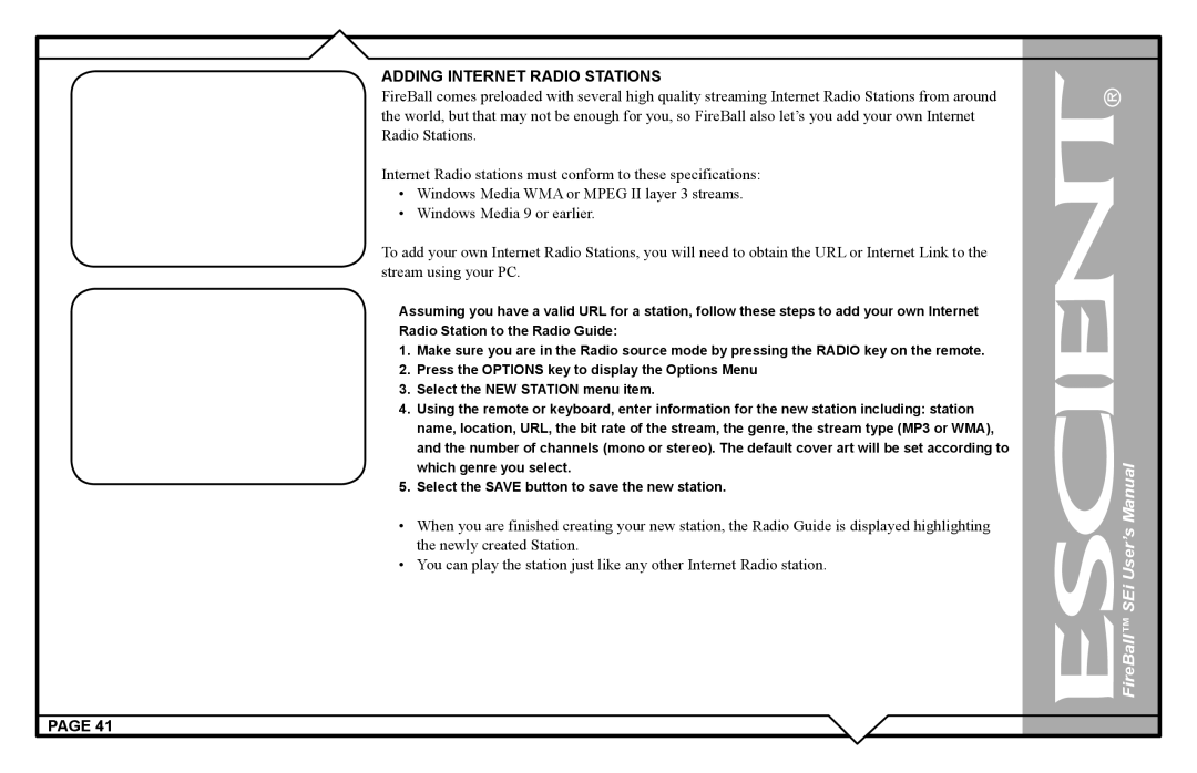 Escient FireBall Media Management system user manual Adding Internet Radio Stations 