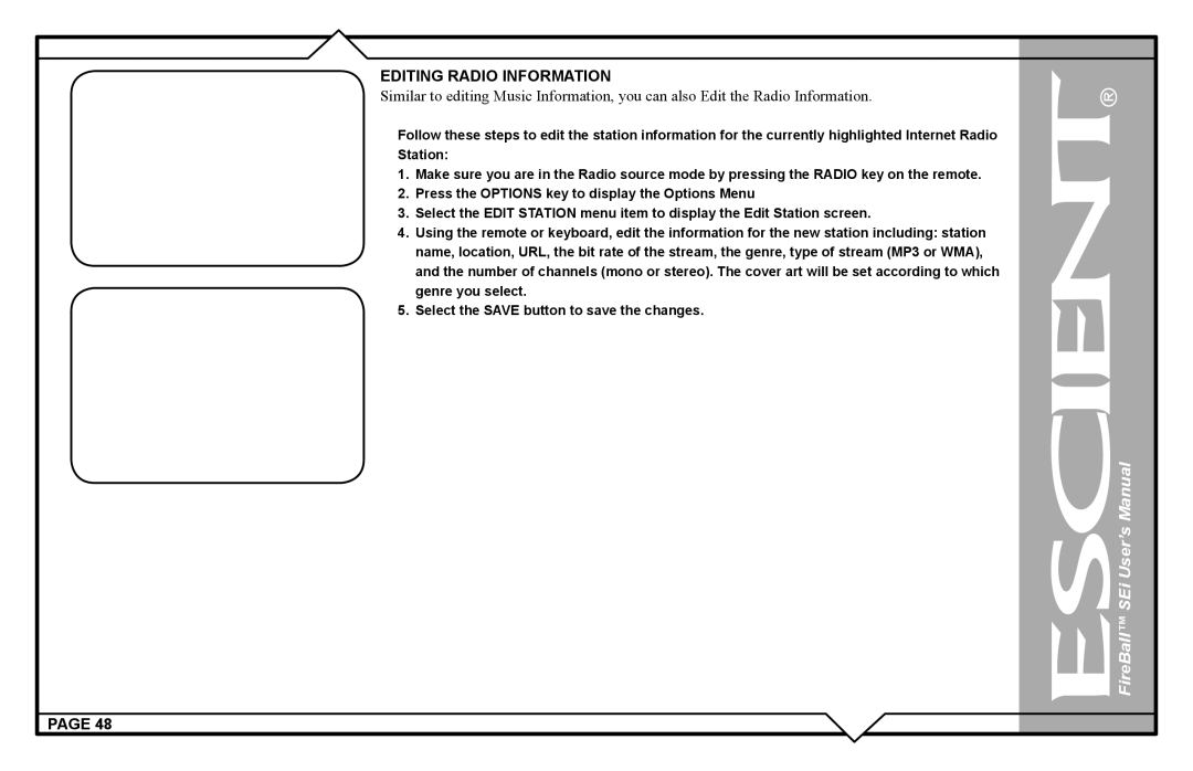 Escient FireBall Media Management system user manual Editing Radio Information 