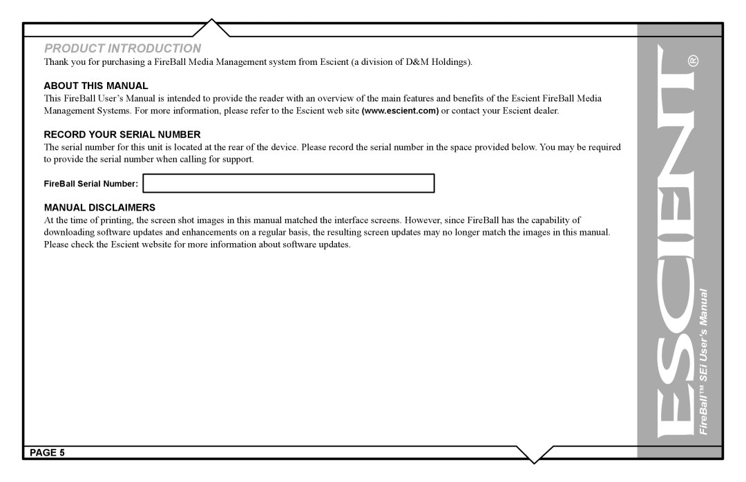 Escient FireBall Media Management system user manual About this Manual Record Your Serial Number, Manual Disclaimers 