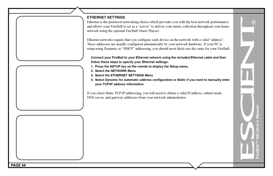 Escient FireBall Media Management system user manual Ethernet Settings 