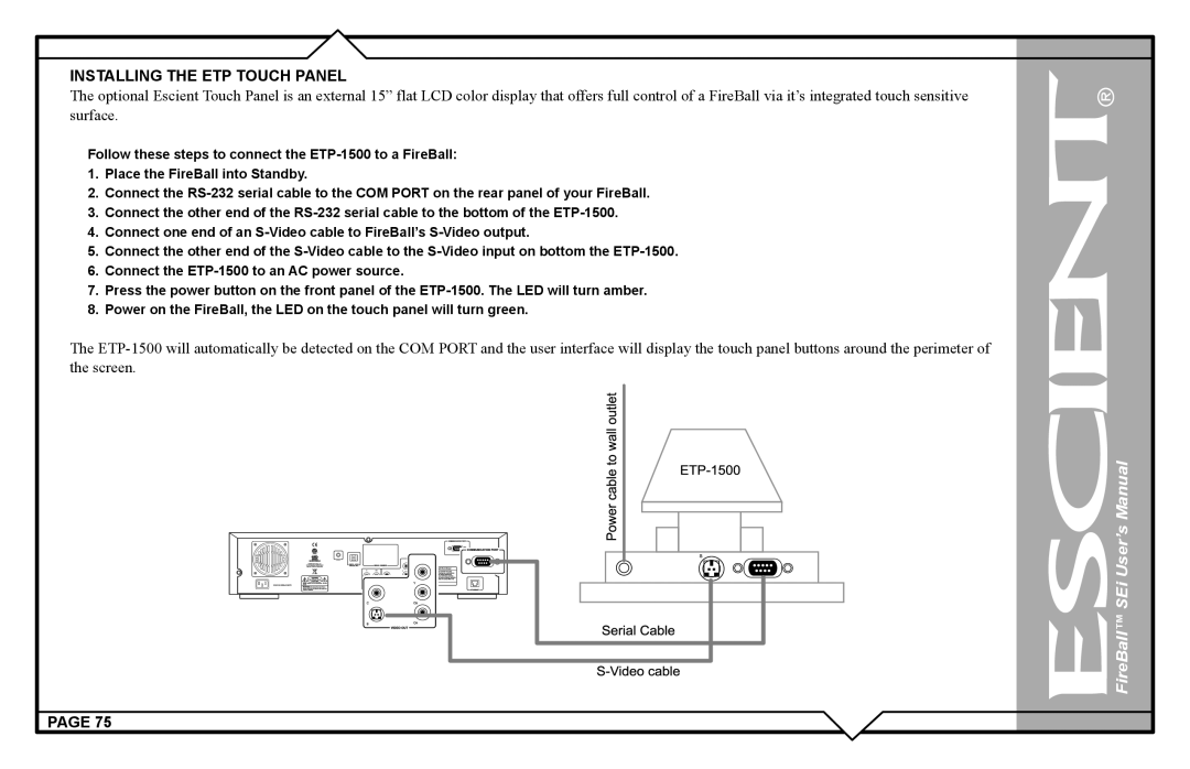 Escient FireBall Media Management system user manual Installing the ETP Touch Panel 