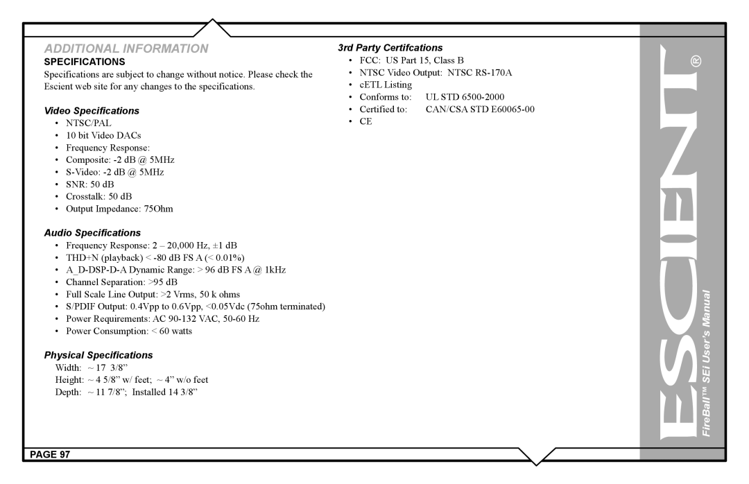 Escient FireBall Media Management system user manual Video Specifications, Ntsc/Pal 