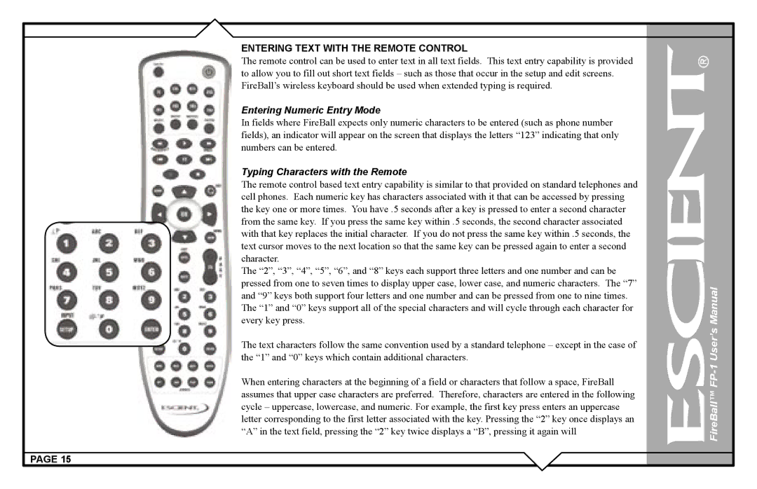 Escient FP-1 user manual Entering Text with the Remote Control, Entering Numeric Entry Mode 