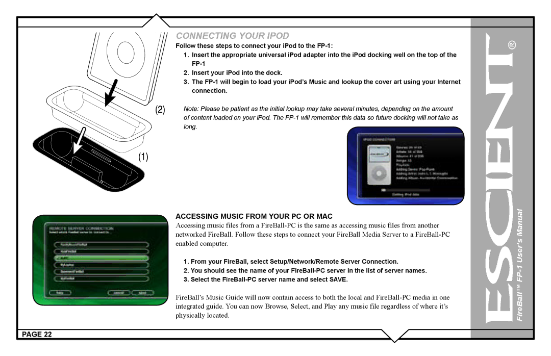 Escient FP-1 user manual Connecting Your Ipod 