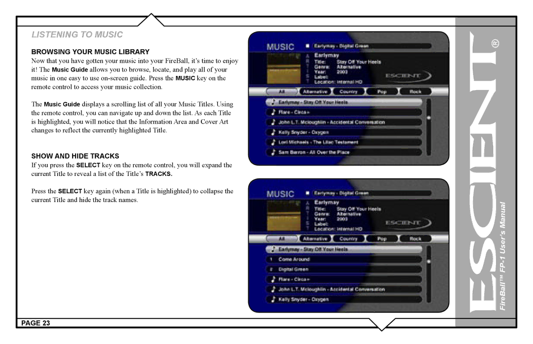 Escient FP-1 user manual Browsing Your Music Library, Show and Hide Tracks 