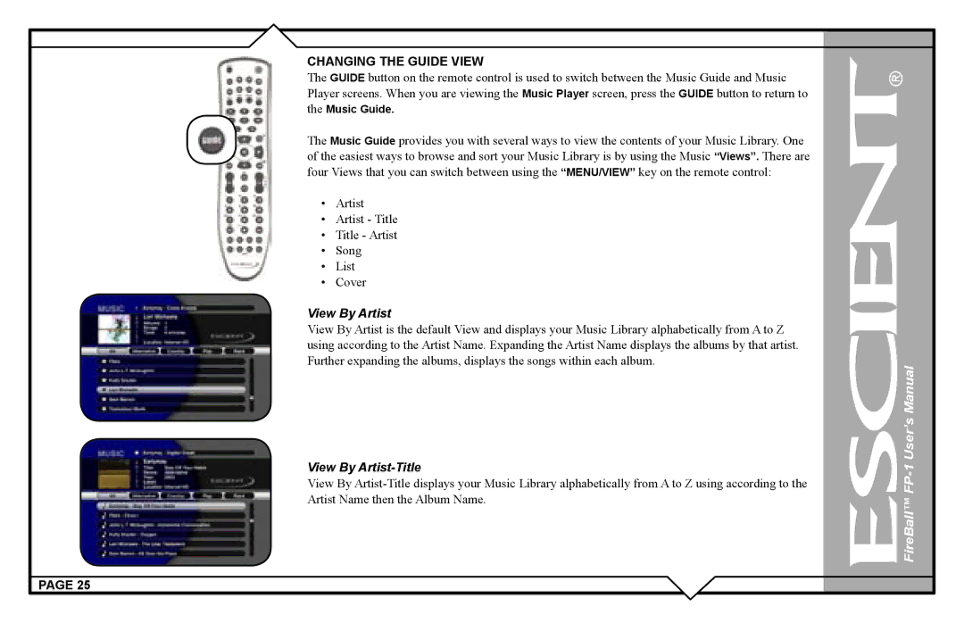 Escient FP-1 user manual Changing the Guide View, View By Artist 