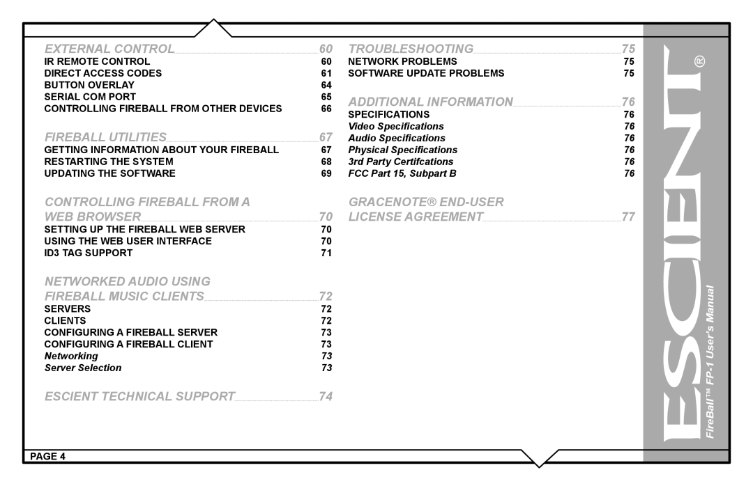 Escient FP-1 user manual Network Problems Software Update Problems, Specifications, Networking Server Selection 