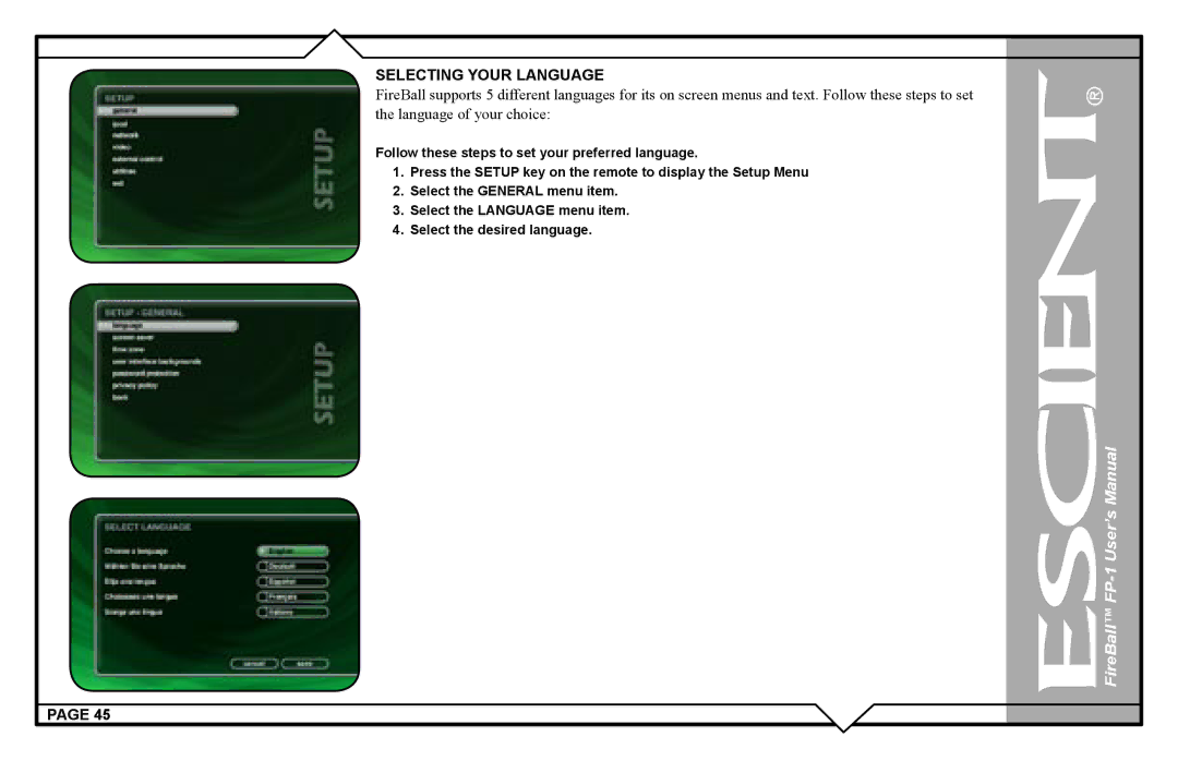 Escient FP-1 user manual Selecting Your Language 