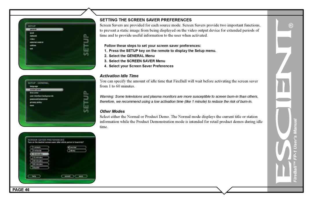 Escient FP-1 user manual Setting the Screen Saver Preferences, Activation Idle Time 