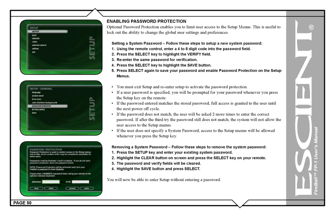 Escient FP-1 user manual Enabling Password Protection 