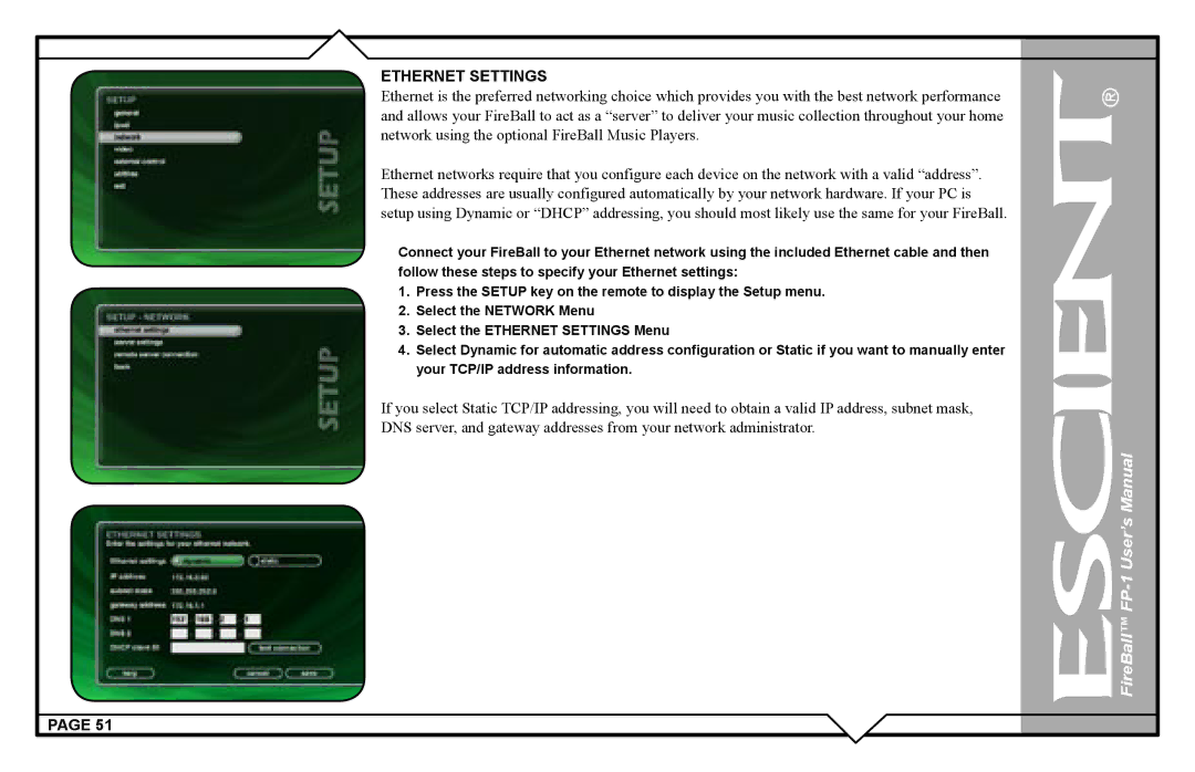 Escient FP-1 user manual Ethernet Settings 