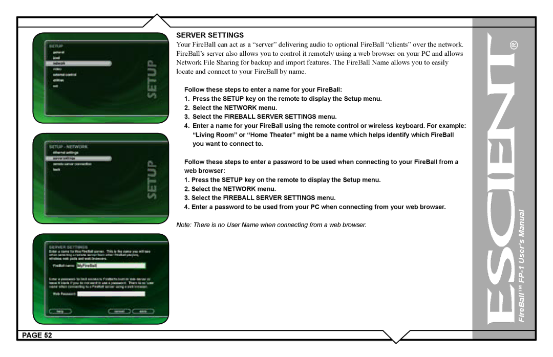 Escient FP-1 user manual Server Settings 